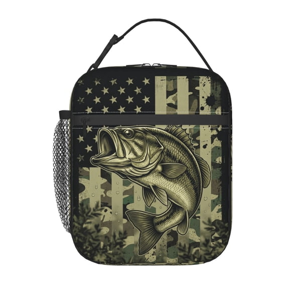 Camo Fish American Flag Insulated Lunch Box For Women Man, Portable Lunch Bag Reusable Cooler Tote For Office Work Travel Picnic Camping Beach