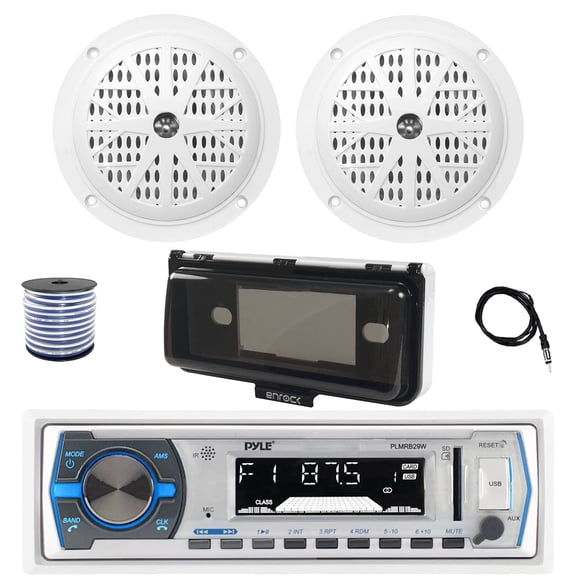 Pyle PLMRB29W Single DIN Bluetooth Marine MP3 AM/FM Stereo Receiver with White Cover, 22" Radio Antenna, Wire, 2x 4'' 100 Watt Peak Full Range Dual Cone Waterproof Stereo Speakers (White)