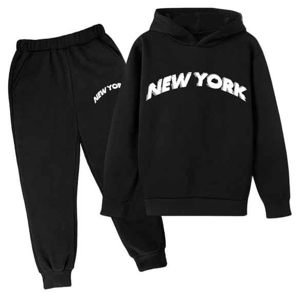 Boy's Winter Tracksuit Long Sleeve Letter Print New York Pullover Hoodie Set Winter Outfits for Boys,Black,5-6 Years