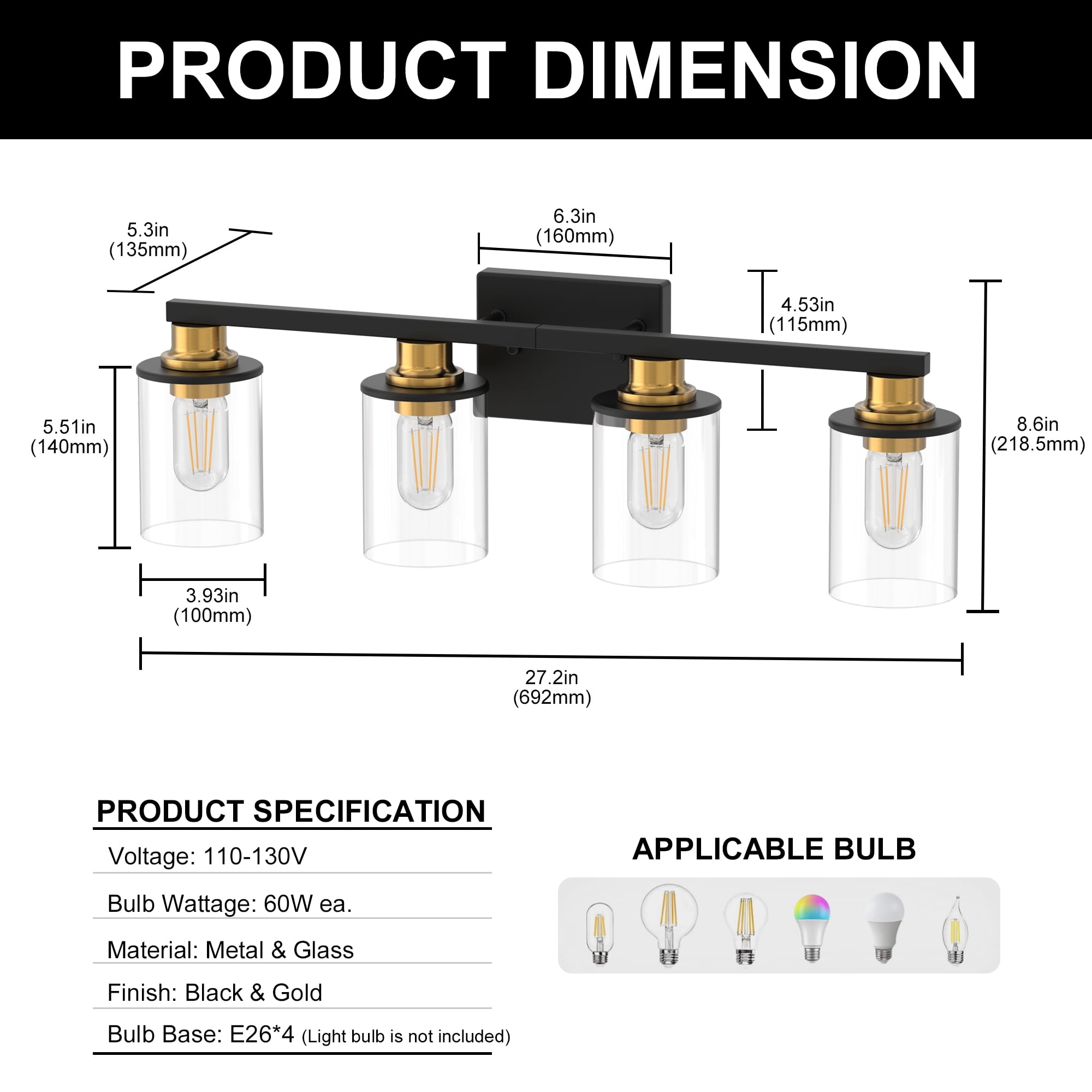 YANSUN 27.2 in 4-Light Black and Gold Bathroom Vanity Light Fixtures Over Mirror with Clear Glass Shades for Bathroom, Powder Room, Vanity Table