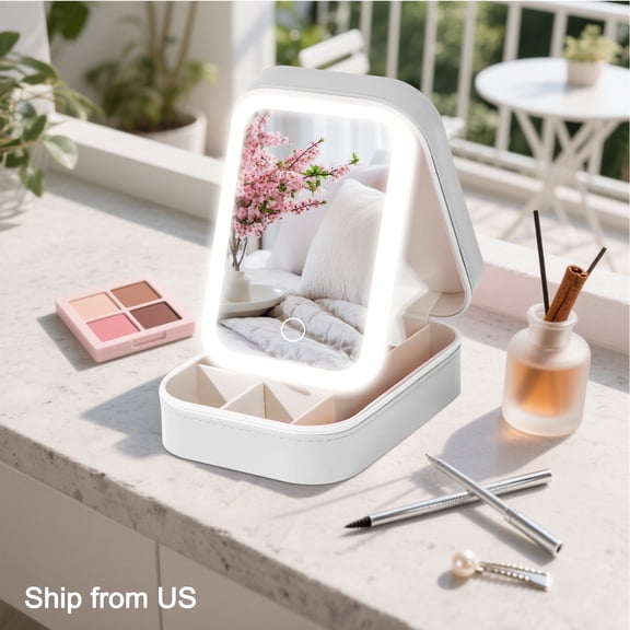 UUCOLOR White Travel Makeup Jewelry Case with LED Mirror, Makeup Bag with Lighted Mirror, Three-Color Adjustable Makeup Mirror Storage Box, Portable Organizer Vanity Case, Ship from US