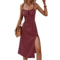 thumbnail image 2 of Womens Polka Dot Sundresses Spaghetti Strap Summer Dresses Slim Fit Side Slit Midi Dress A Line Beach Dress Wine Red XXL, 2 of 8