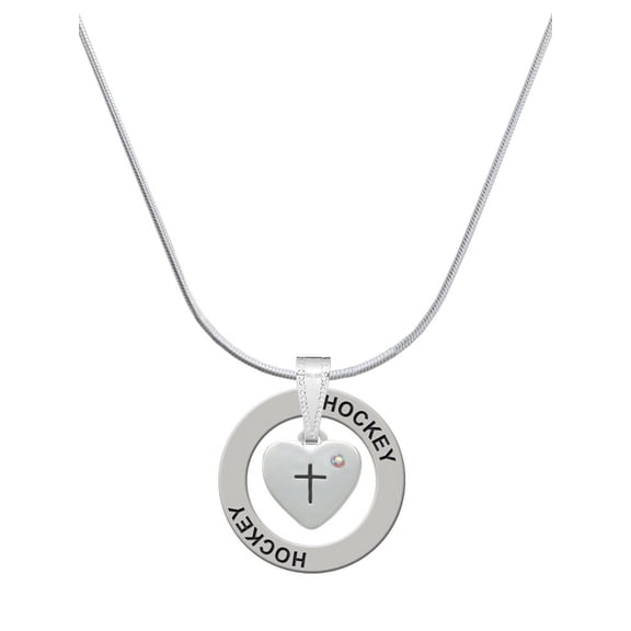Delight Jewelry Silvertone Small Heart with Cross & Fish with Crystal Hockey Ring Charm Necklace, 18"