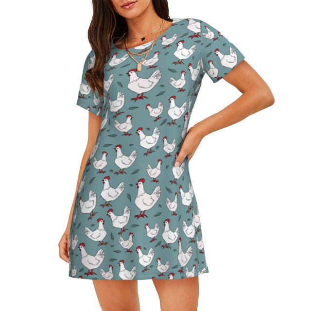 Fotbe Funny Chicken Bata de Dormir para Mujer con Estampado, Camisón de Algodón de Manga Corta, Ropa de Dormir Casual