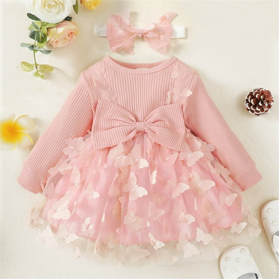 HOMADLES Baby Girls Dress Long Sleeve Bow Crewneck Casual Cute Print Toddler Dress for Kid Girls Dress Pink 9 Months