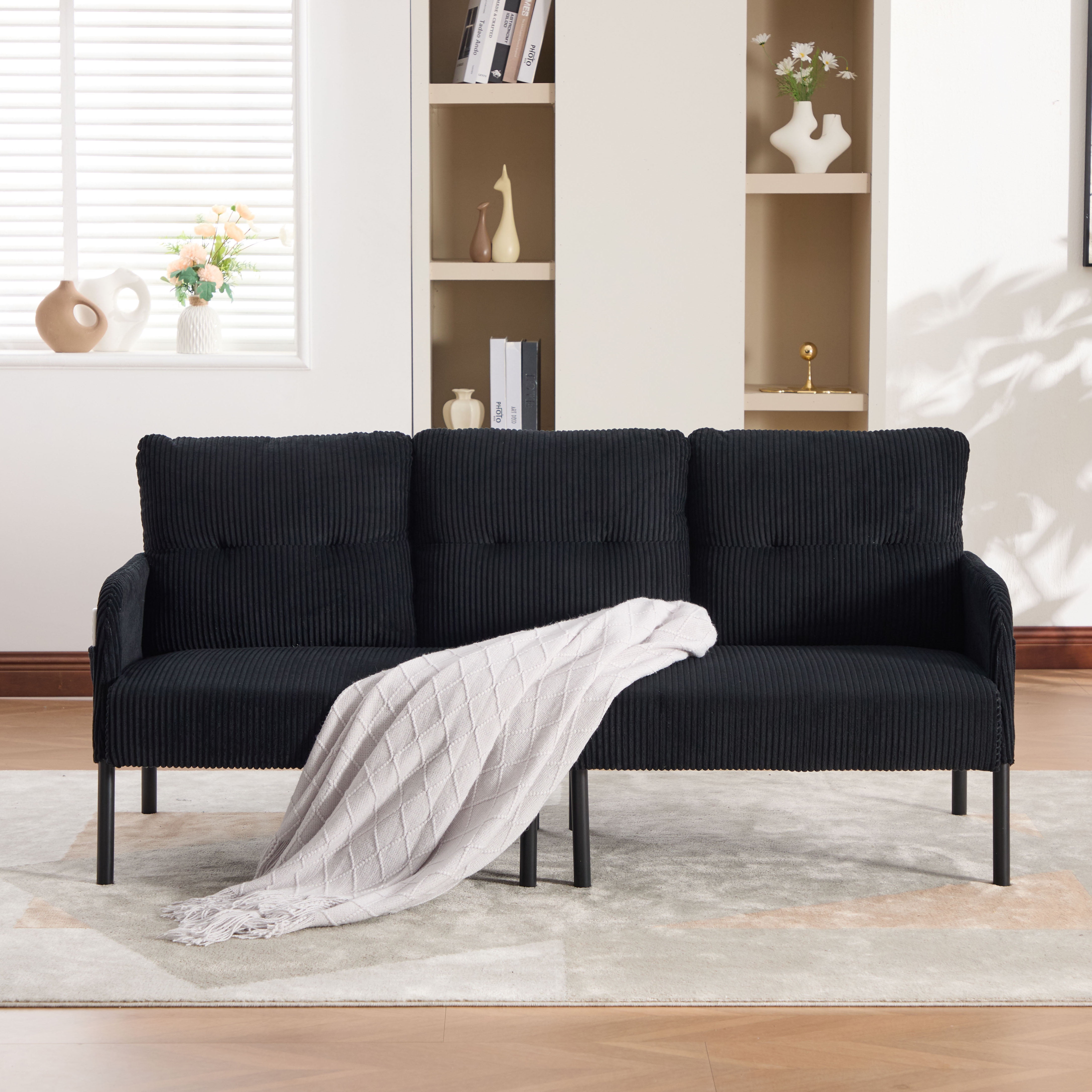 S-HOME Modern Plush Corduroy Upholstered Loveseat with Dual Side Pockets and Metal Legs, Sofa for Apartment, Black