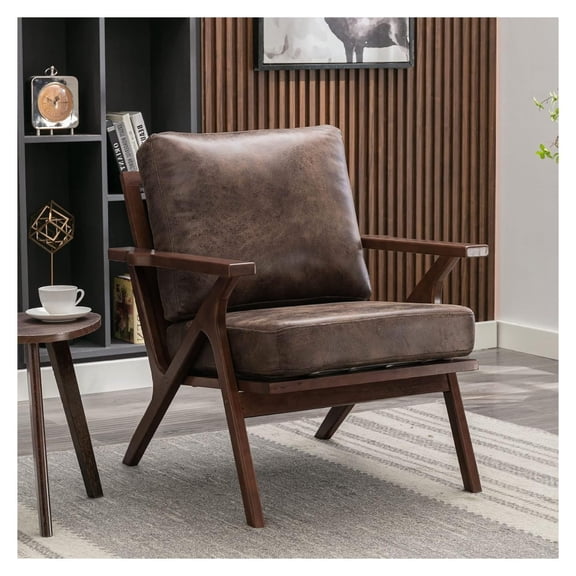 PU Leather Accent Chair, Mid-Century Modern Armchair - Reading Chair with Cushions