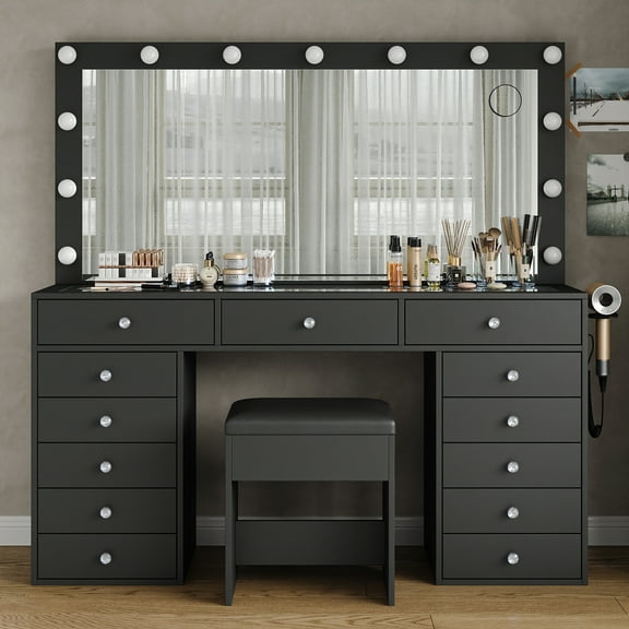 13 Drawers Vanity Desk, Makeup Vanity with Power Outlet, Vanity Table with Mirror and LED Bulbs, 3 Color Lighting Modes, Glass Top, Dressing Table for Bedroom