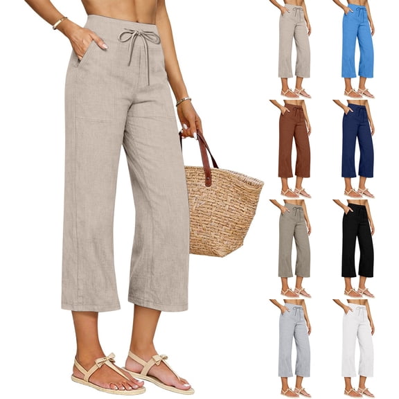 Women's Cotton Linen Three Quarter Pants High Waisted Solid Color Casual
