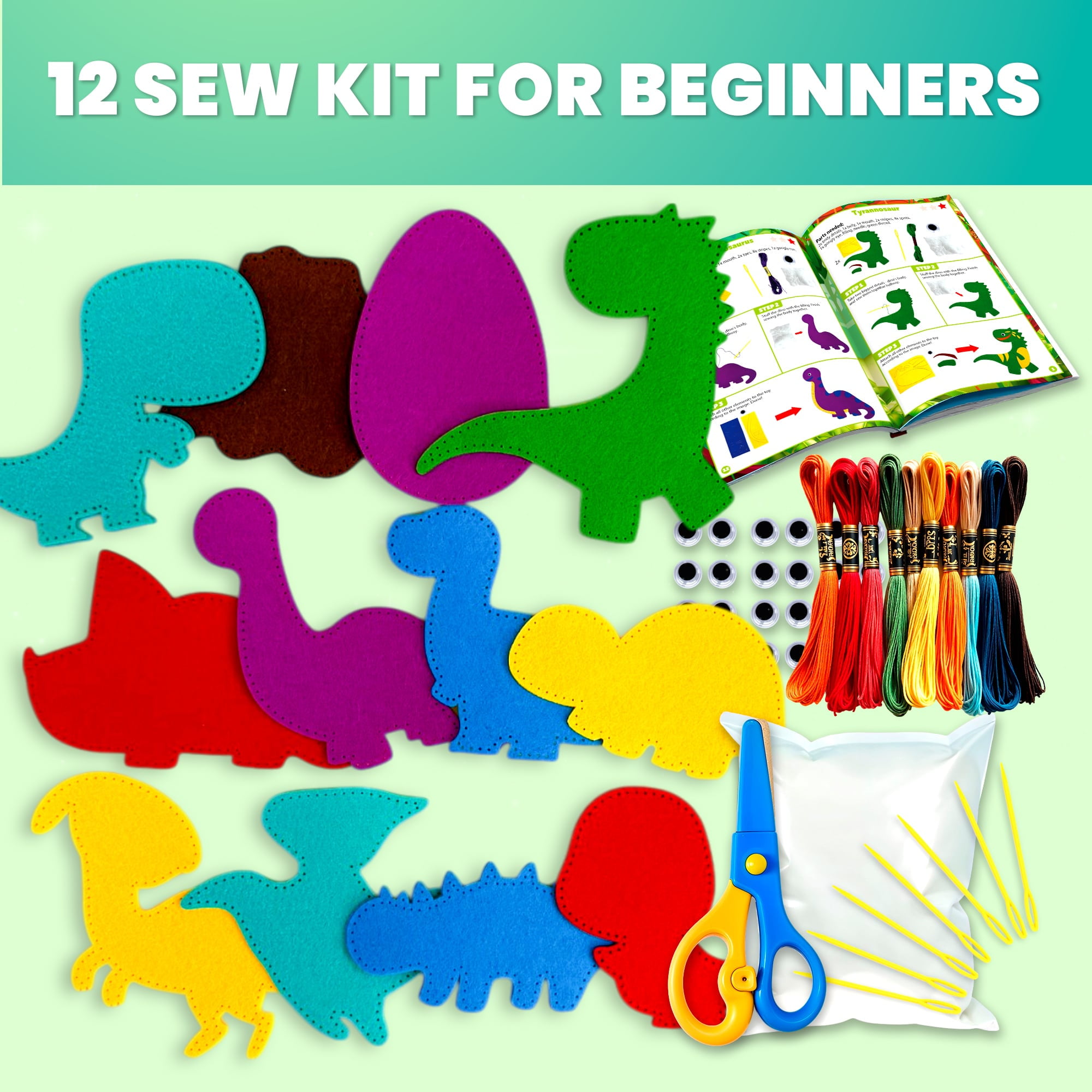 Quokka Kids Crafts Ages 7-9 - DIY Wild Dino Sewing Kit Basic - Arts Crafts for Kids Ages 7-9 Girls Boys