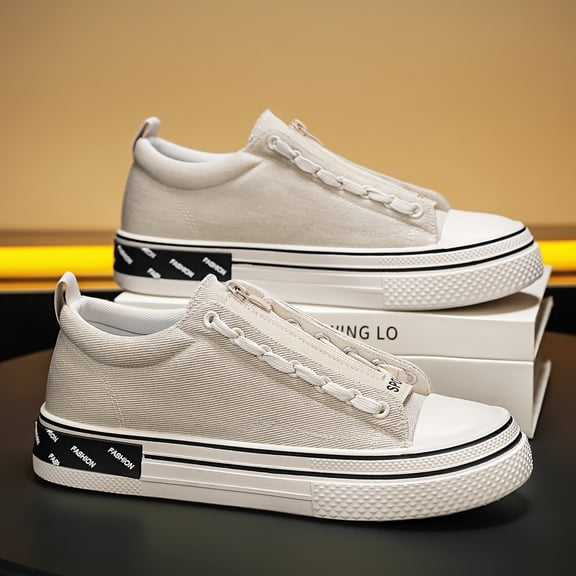 2026 New/Men'S Breathable Canvas Sneakers - Casual Low-Top Shoes with Zipper Closure, White & Black Design, Comfortable for Casual Attire, | Minimalist Style | Fabric Lining, Shoes Sneakers Casual Sn