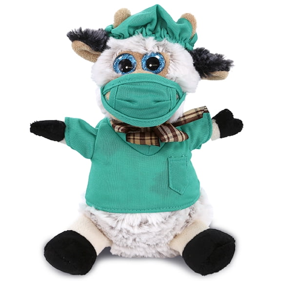 DolliBu Sitting Cow Doctor Plush Toy - Super Soft Cow Doctor Stuffed Animal Dress Up with Cute Scrub Uniform & Cap Outfit - Fluffy Doctor Toy Plush Gift  - 7 Inches