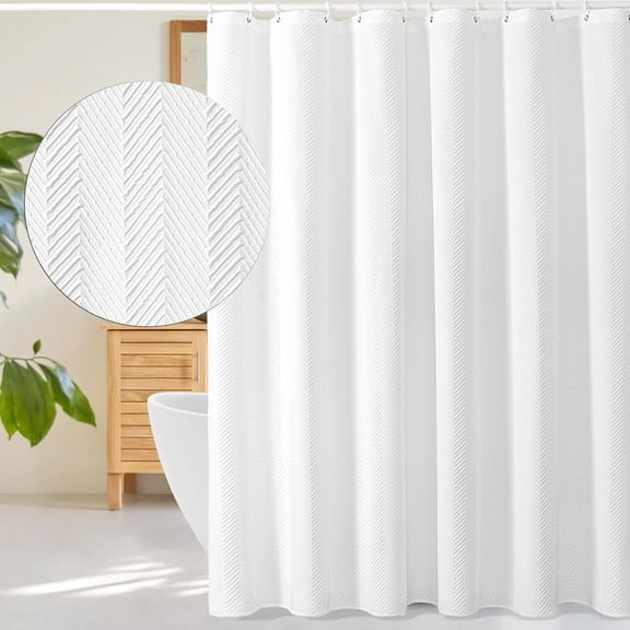 Extra Long 72 in W x 84 in L White Herringbone Shower Curtain with Grommets and Hooks, Modern Farmhouse Textured Polyester, Light-Filtering, Water Resistant