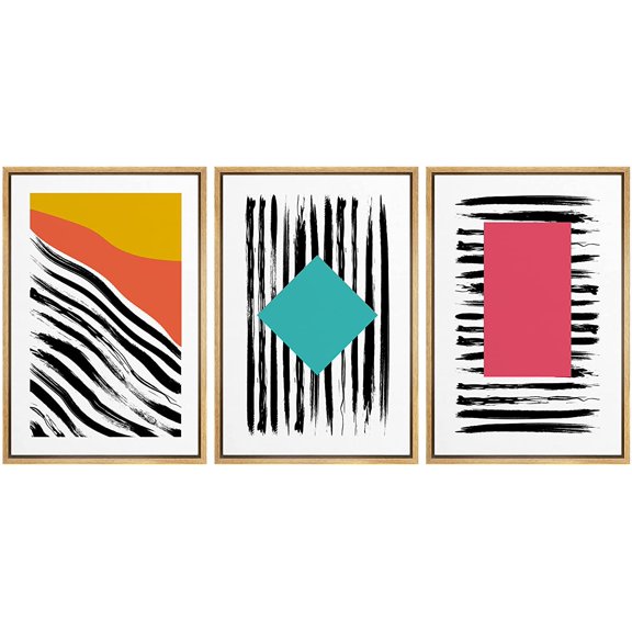 wall26 Framed Wall Art Print Set Vibrant Neon Polygons on Black Stripes Abstract Shapes Illustrations Modern Art Boho Colorful Multicolor for Living Room, Bedroom, Office - 24"x36"x3 Natura