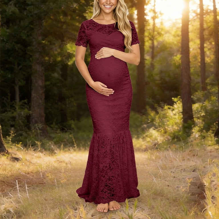 fitted lace maternity dress Hjtefg Gyujnb Round Neck Scalloped Short Sleeve All Over Lace Maternity Gown Fitted Floor Length Ruffled Hem Bodycon Formal Dress Elegant Outfit for