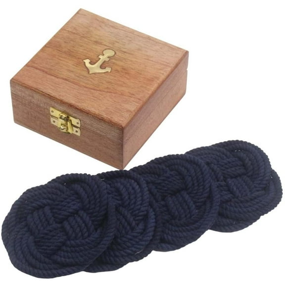 Rii Brand Cotton Blue Color Rope Coaster with Wooden Box Set of 4, 4"