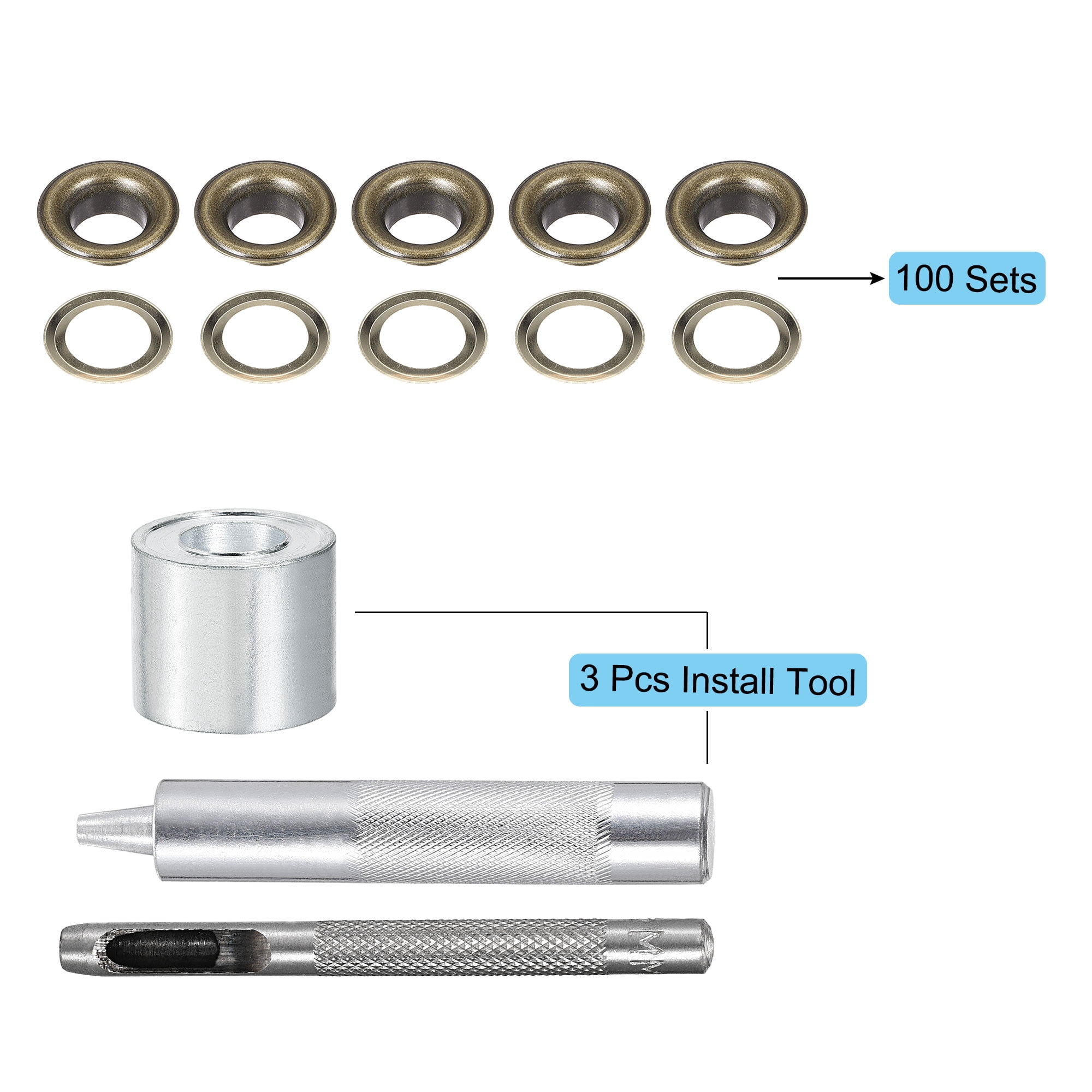 Grommet Tool Kit 100 Sets 5/16" Copper Grommets Eyelets with 3pcs Install Tools, 8mm Inside Dia. Bronze Tone