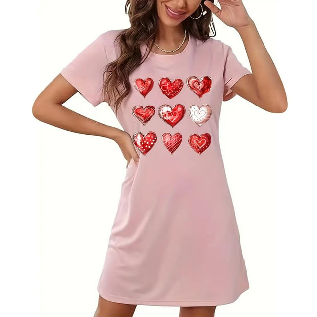 Camisón corto de mujer, vestido de largo medio con estampado de moda, camisón corto extragrande de mujer, camisón de manga corta con estampado de pecho a la moda, camisón de mujer