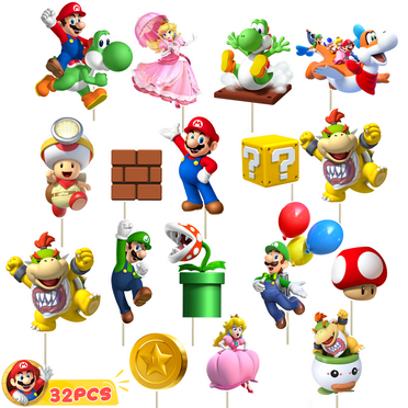 Super Mario Party Decorations Photo Props with Stick,32pcs Mario Photo Booth Props/Super Mario Photo Props/Mario Party Photo Booth Props, for Boys/Girls Super Mario Birthday Party Supplies