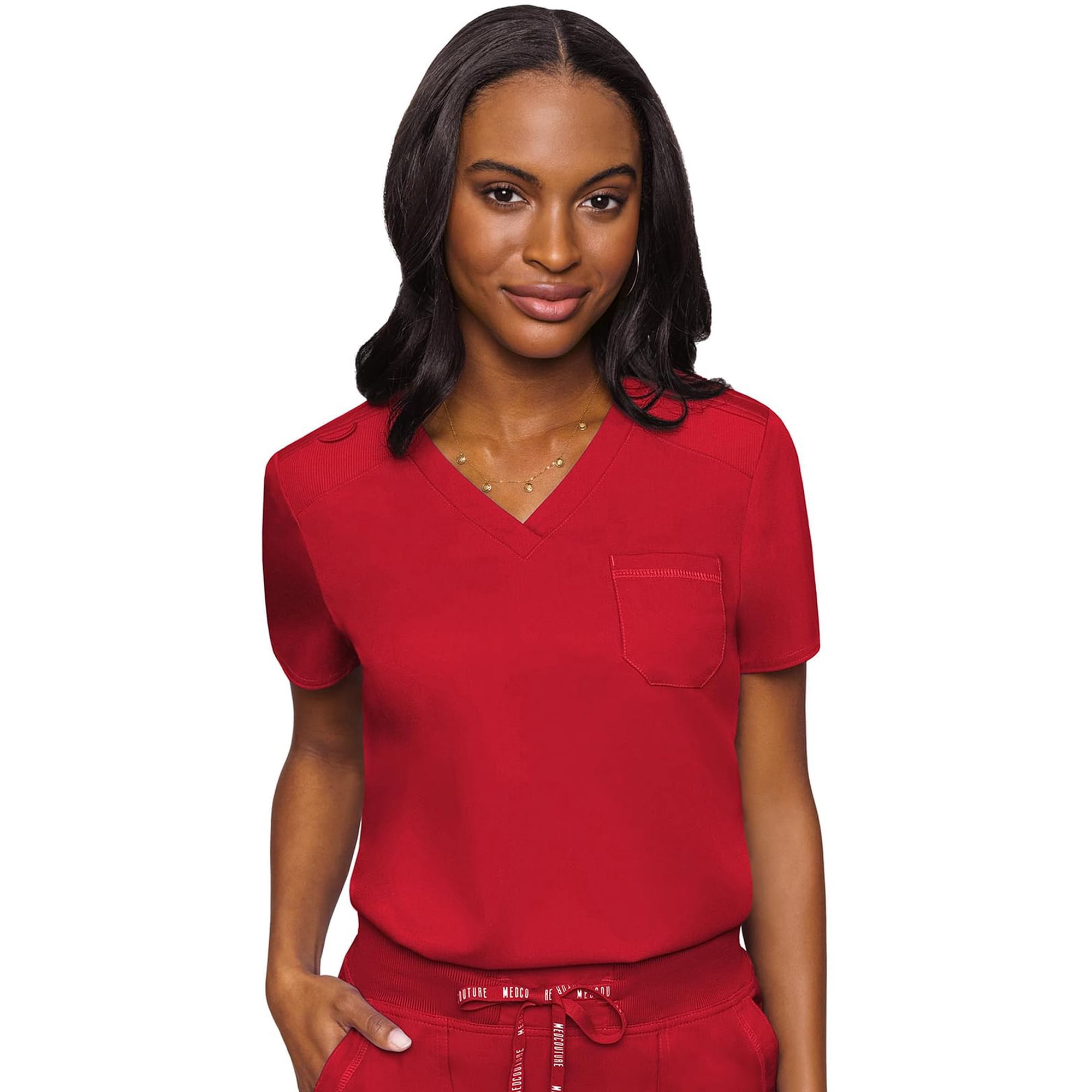 Med Couture Women's V-Neck Scrub Top, Modern Fit Tuck-in Top with Stretchy Rib-Knit Shoulders and Chest Pocket - MC7448, Red, Medium