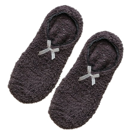 

BOOYOU Women Winter Fuzzy Velvet Slipper Boat Socks Striped Print Sweet Bow Non Skid Warm Fleece Fluffy Plush Low Cut Home Hosiery with Grippers