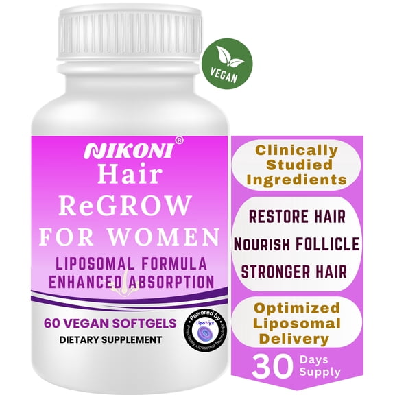 Nikoni Hair ReGROW Women's Liposomal Formula with Biotin, Keratin, Saw Palmetto and Botanical Essentials, Gluten-Free, 60 Softgels