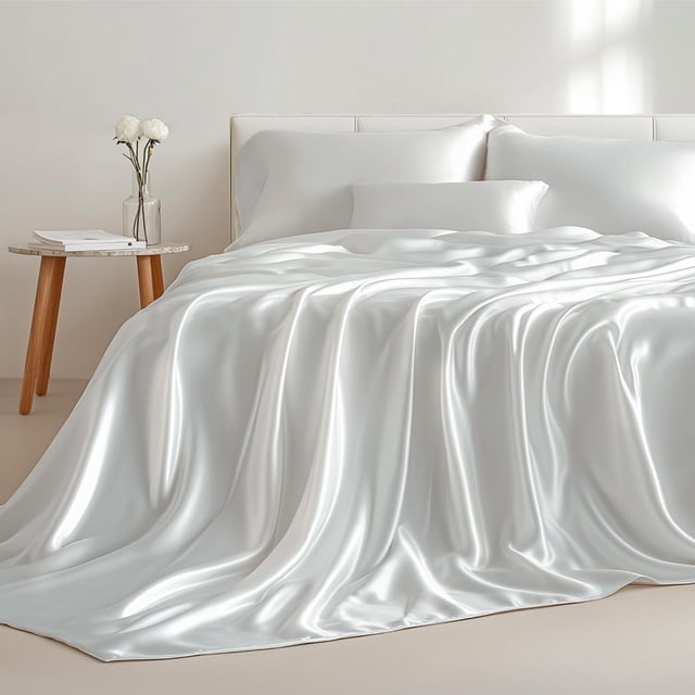 Juego de sábanas de satén Bedsure, tamaño completo, 4 piezas, color blanco, 38 cm de profundidad