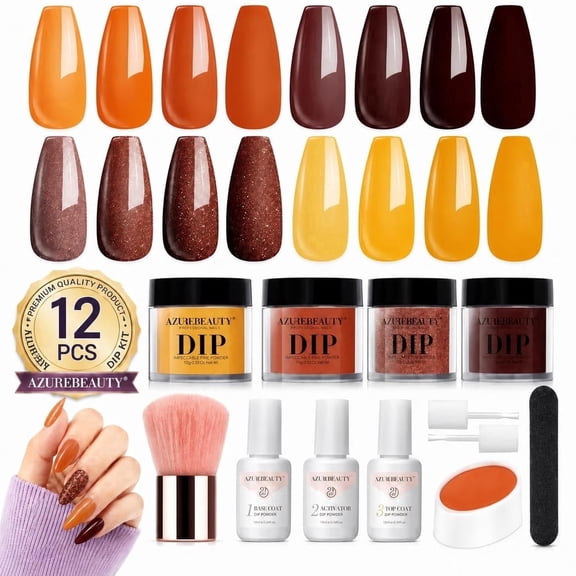 AzureBeauty 4 Colors Fall Dip Powder Nail Kit Starter | Yellow Brown 12 Pcs Acrylic Dip Powder Liquid Set with Base/Top Coat Activator for French Nail Art Manicure DIY Gift