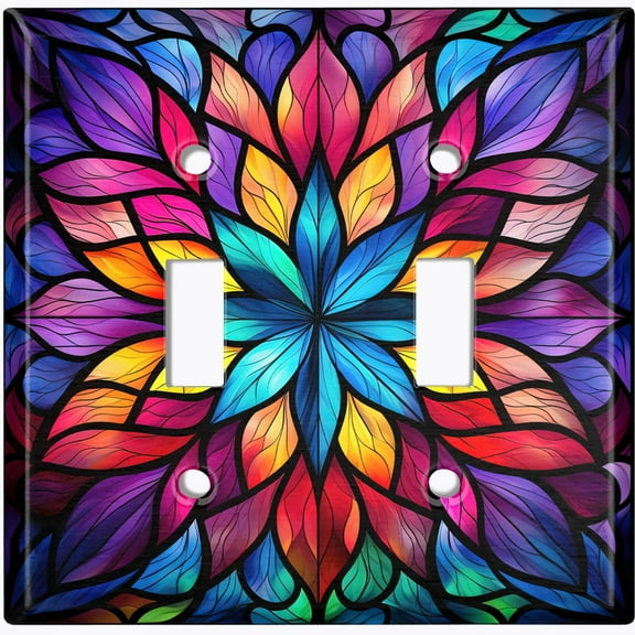 Metal Light Switch Wall Plate Outlet Cover (Printed Image of Colorful Stained Glass Flower - Double Toggle)