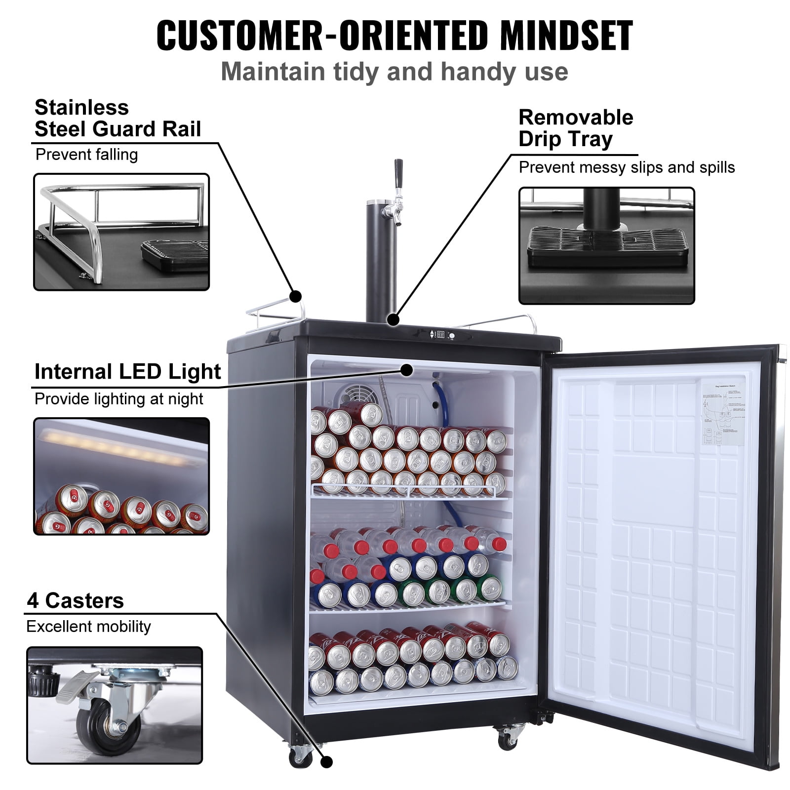KFFKFF Single Tap Draft Beer Dispenser with Adjustable Temperature, Full-Size Keg Refrigerator Featuring Shelves, CO2 Cylinder, Drip Tray, and Rail, Compatible with 1/6, 1/4, and 1/2 Barrels