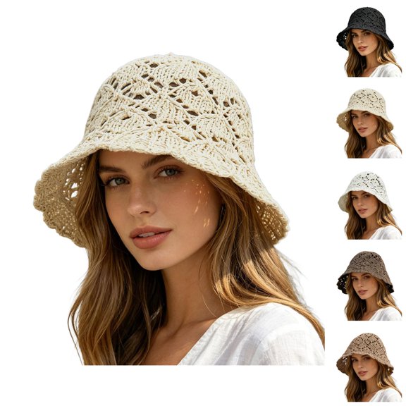 Hollow out Crochet Knit Sun Hats for Women Foldable Packable Bucket Hat Summer Beach Hat