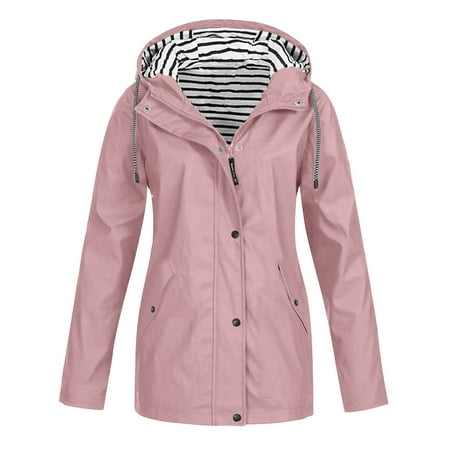 XFLWAM Raincoat for Women Striped Lined Waterproof Rain Jacket with Hood Outdoor Lightweight Zip Up Windbreaker Travel Jackets Pink L XFLWAM Raincoat for Women Striped Lined Waterproof Rain Jacket with Hood Outdoor Lightweight Zip Up Windbreaker Travel Jackets Pink L