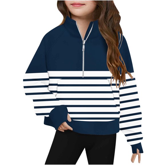 AINIYS Kids 5 Years Girls Y2K Plullover Striped Long Sleeve Fashion Clothes Casual Loose Pullover with Pockets Sports Sweatshirt 1/4 Zip up Collared Plus Size Vintage Fall and Winter Sweatshirt