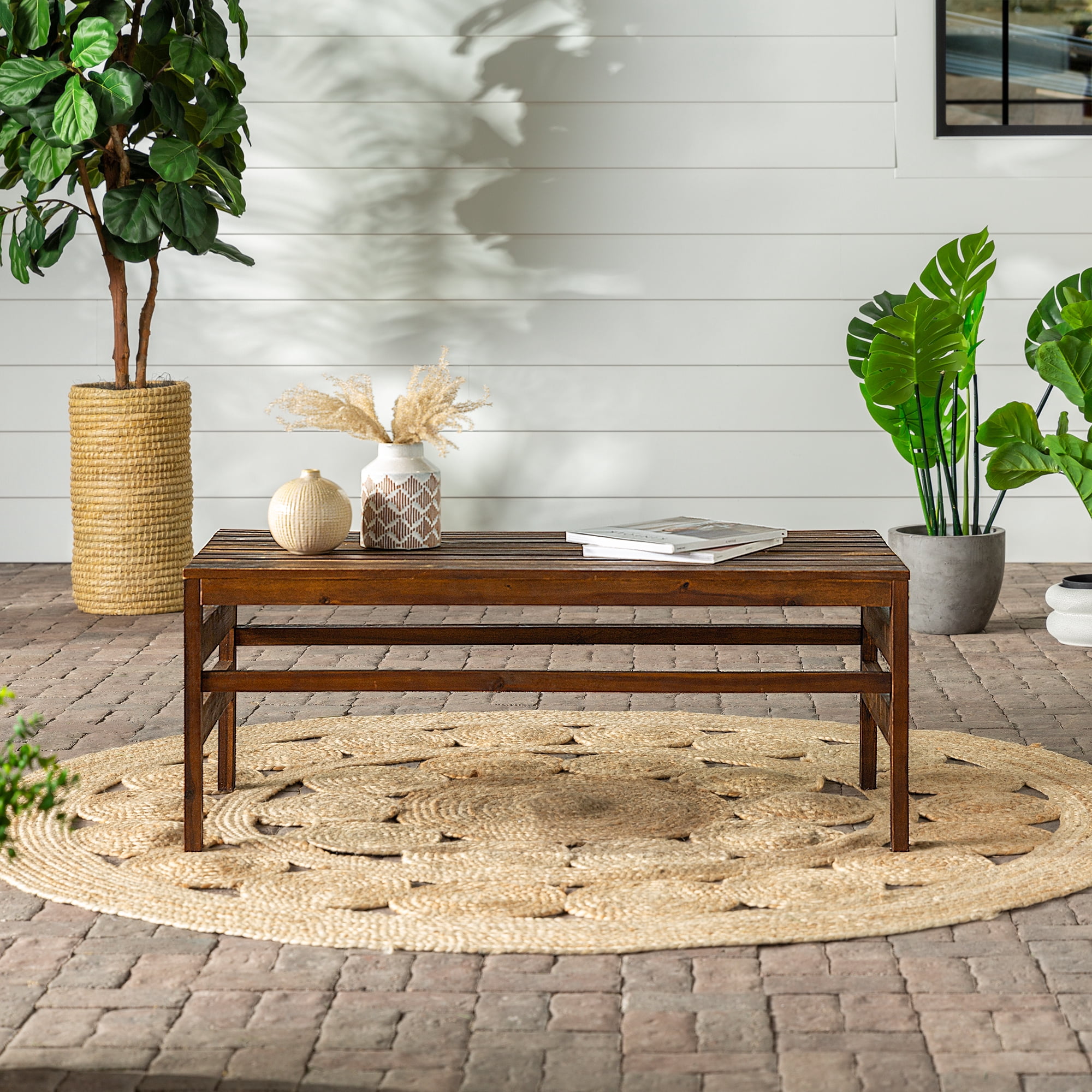 Walker Edison Modern Plank Acacia Wood Patio Coffee Table, Dark Brown