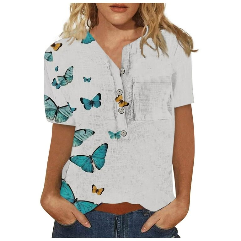 Sksloeg Womens Blouse Short Sleeve V Neck Button Up Butterfly Print Tops  Blouses Trendy Fit Sleeves Casual Shirts Tunic with Pocket,Cyan XXXL 