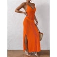 thumbnail image 3 of Womens Crochet Knit Sheer Summer Backless V Neck Side Slit Bathing Suit Cover Up Midi Dress Orange One Size, 3 of 6