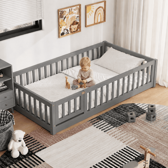 PAPROOS Twin Montessor Floor Bed, Solid Wood Toddler Bed with Safety Guardrail and Door, Easy Assembly, Low-to-Floor Bed Frame with Slats for Kids, Gray