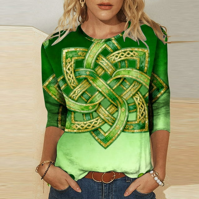 Mceream T-Shirt de la Saint-Patrick pour Femmes Manches 3/4 Amusantes Hauts Mignons Décontractés Col Rond T-Shirts Graphiques Trèfle Imprimé Floral 2026 Blouses Grande Taille Vert TG