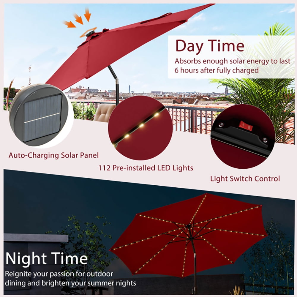 Aimee Lii 10 Feet Patio Umbrella with 112 Solar Lights and Crank Handle, Sunbrella Patio Umbrellas, Red