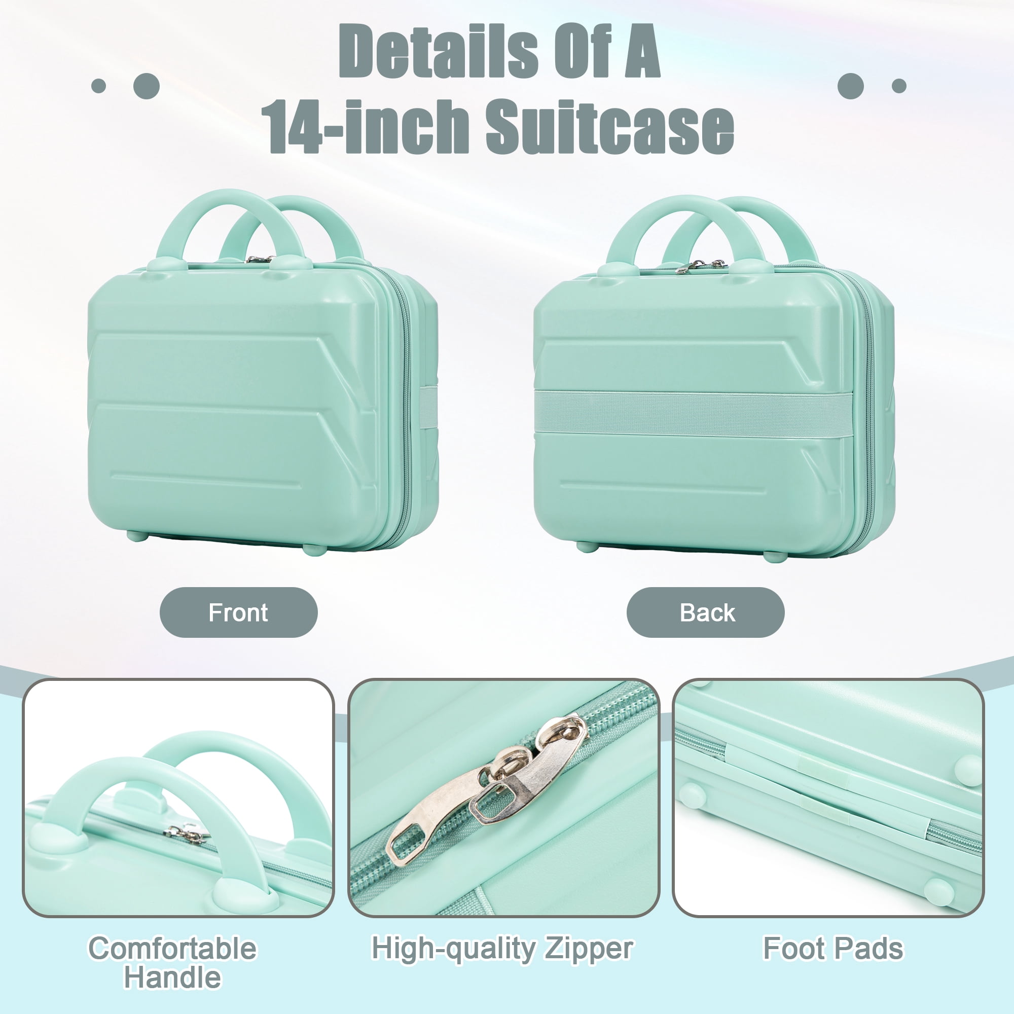 14"/20" 2 pcs/set in ABS Spinner Wheel Luggage, with Combination Lock,14" Cosmetic Case (Mint Green)