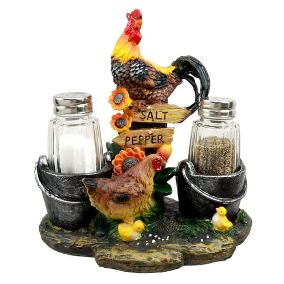Ebros Gift Country Farm Barnyard Rooster Hen and Chicks Family By Pails And Sunflowers Salt And Pepper Shakers Holder Figurine 7""H With Glass Shakers Decorative Animal Farmland Morning Crow Sunshine