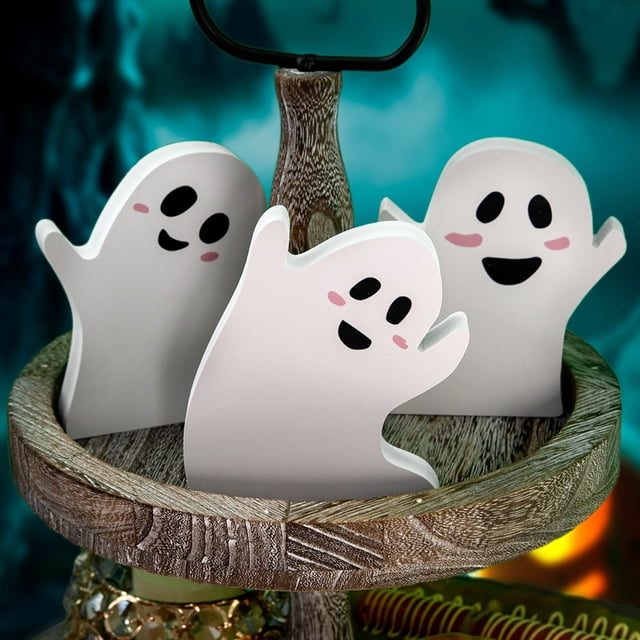 3 Pieces Halloween Ghost Haunted House Decorations Wooden Ghost Theme Table Centerpieces Rustic Wood Sign Spooky Table Sign for Fall Halloween Party