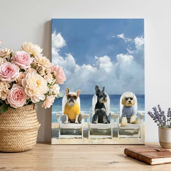 Canvas Wall Art Puppy Beach Canvas Art Print Watercolor Summer Dogs Sea Beach Sky Pictures Wall Decor for Living Room Bedroom Artwork Decorations Stretched Framed Ready to Hang 12"x18"