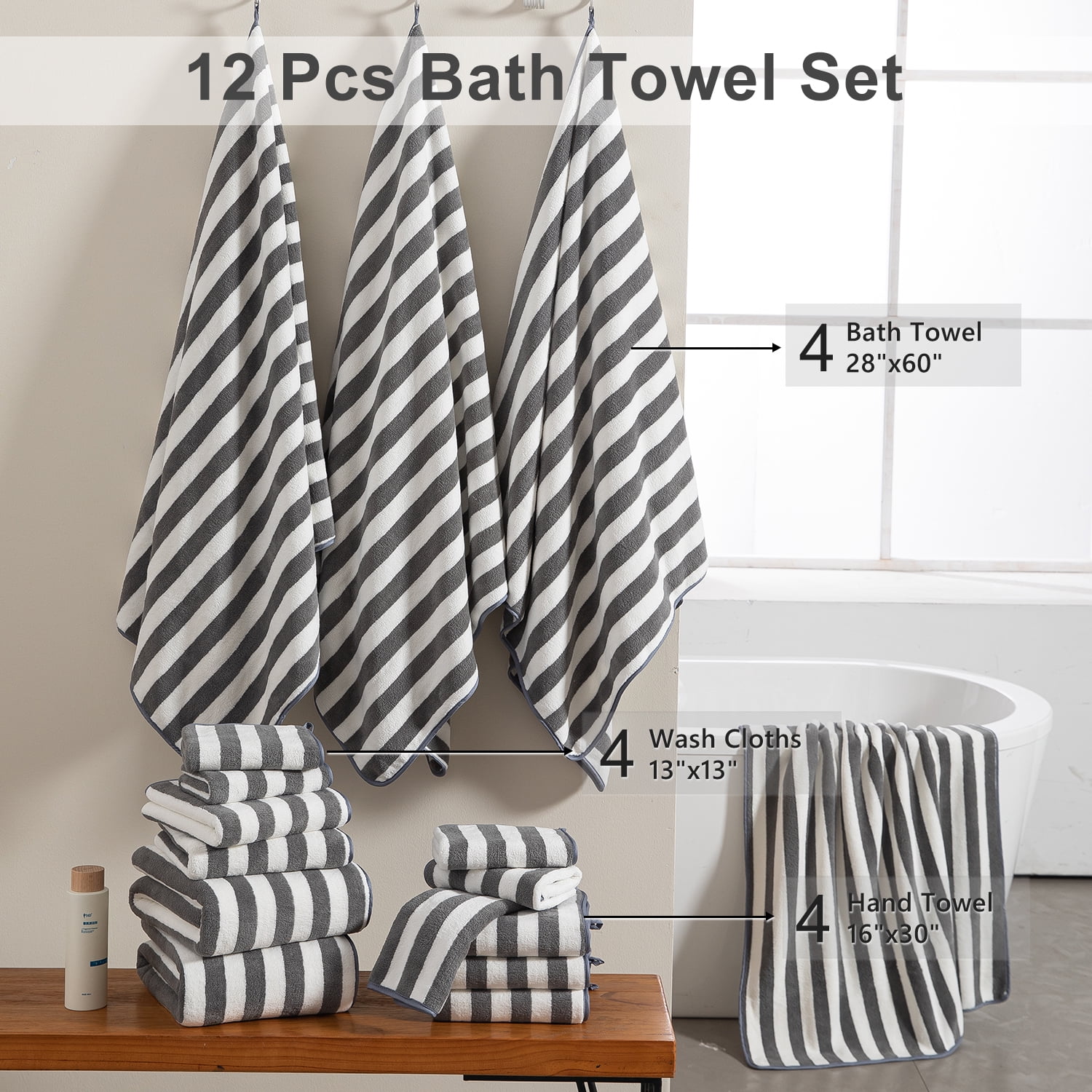 Smuge 12 Pcs Stripe Family Bath Towels Set - 4 Bath Sheet Towels, 4 Hand Towels, 4 Washcloths, Microfiber Soft Shower Towel for Bathroom Gym Spa(Dark Gray)