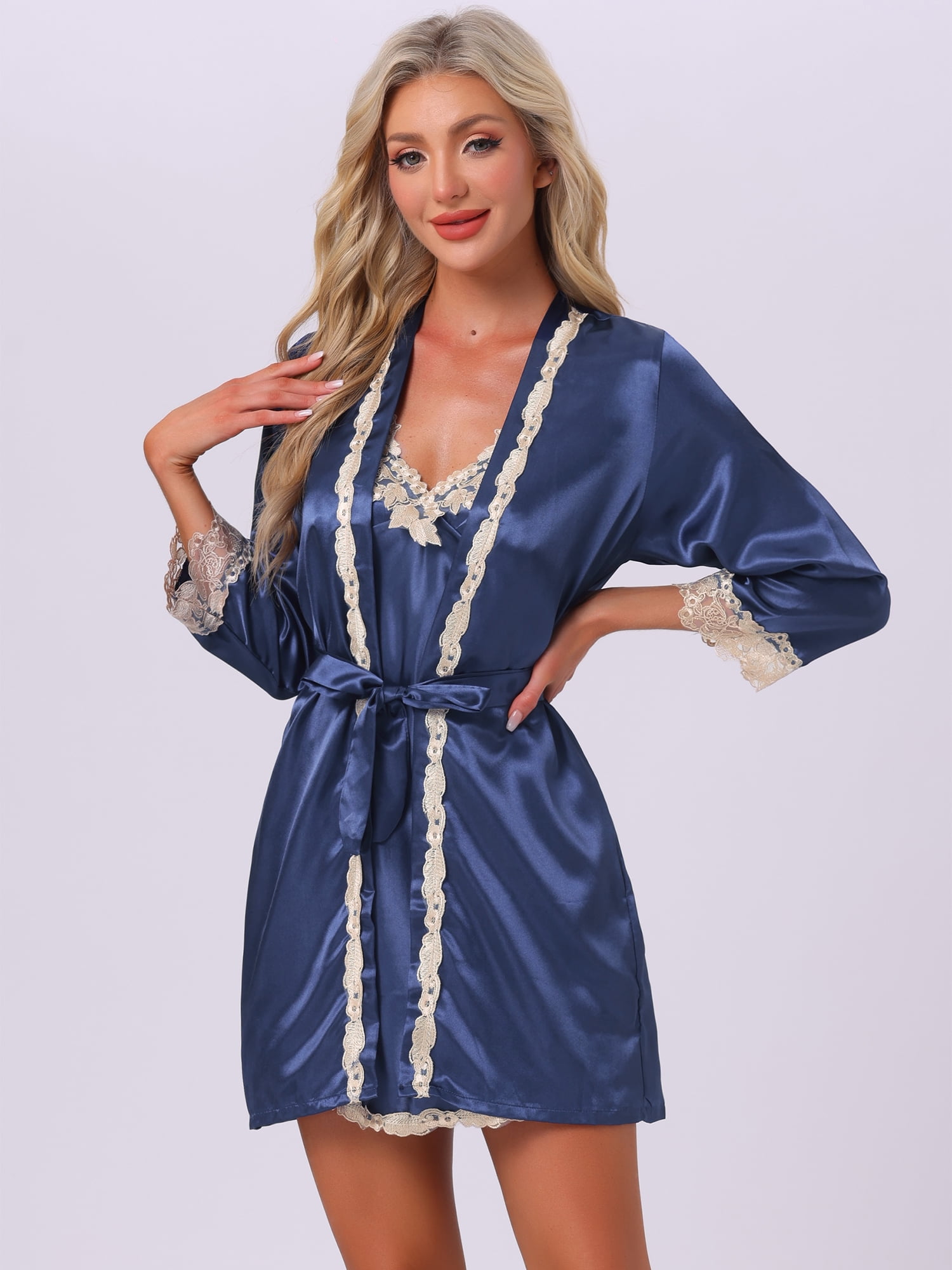 DARING DIVA Women's 2 Pcs Satin Pajamas Set with Robe L Navy