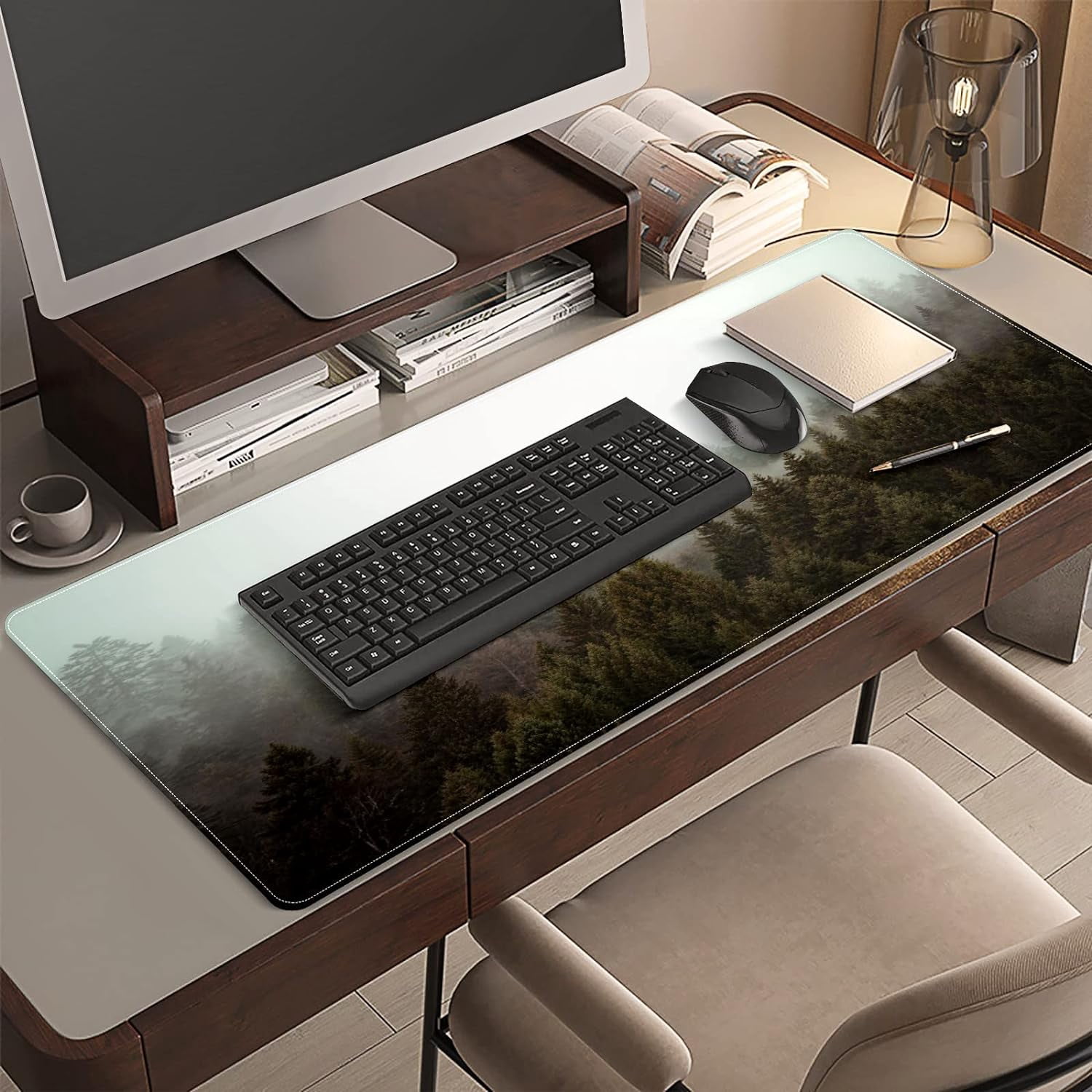 Trees Forest Desk Mat, Desk Accessory, Cute Workspace, Trendy Workspace, Trendy, 35.4x15.7in Large Gaming Mouse Pad, Cute Desk Topper, Pretty Desk Pad