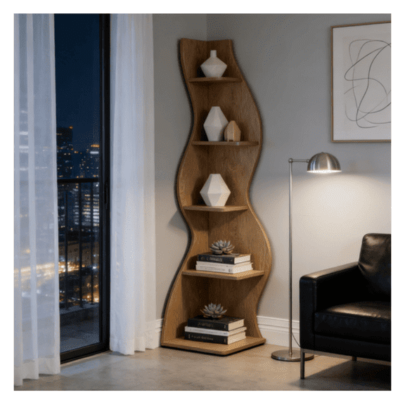Tall Bookshelf 5 Tier - Corner Shelf for Living Room, Bedroom, Home Office - Vintage Style Bookcase, Freestanding Display Rack, Rustic Brown