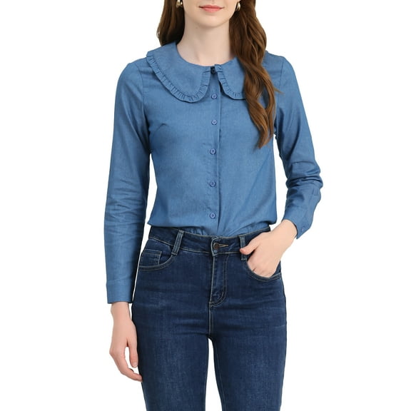 INSPIRE CHIC Women's Peter Pan Collar Jean Ruffled Button Down Denim Shirt S Light Blue