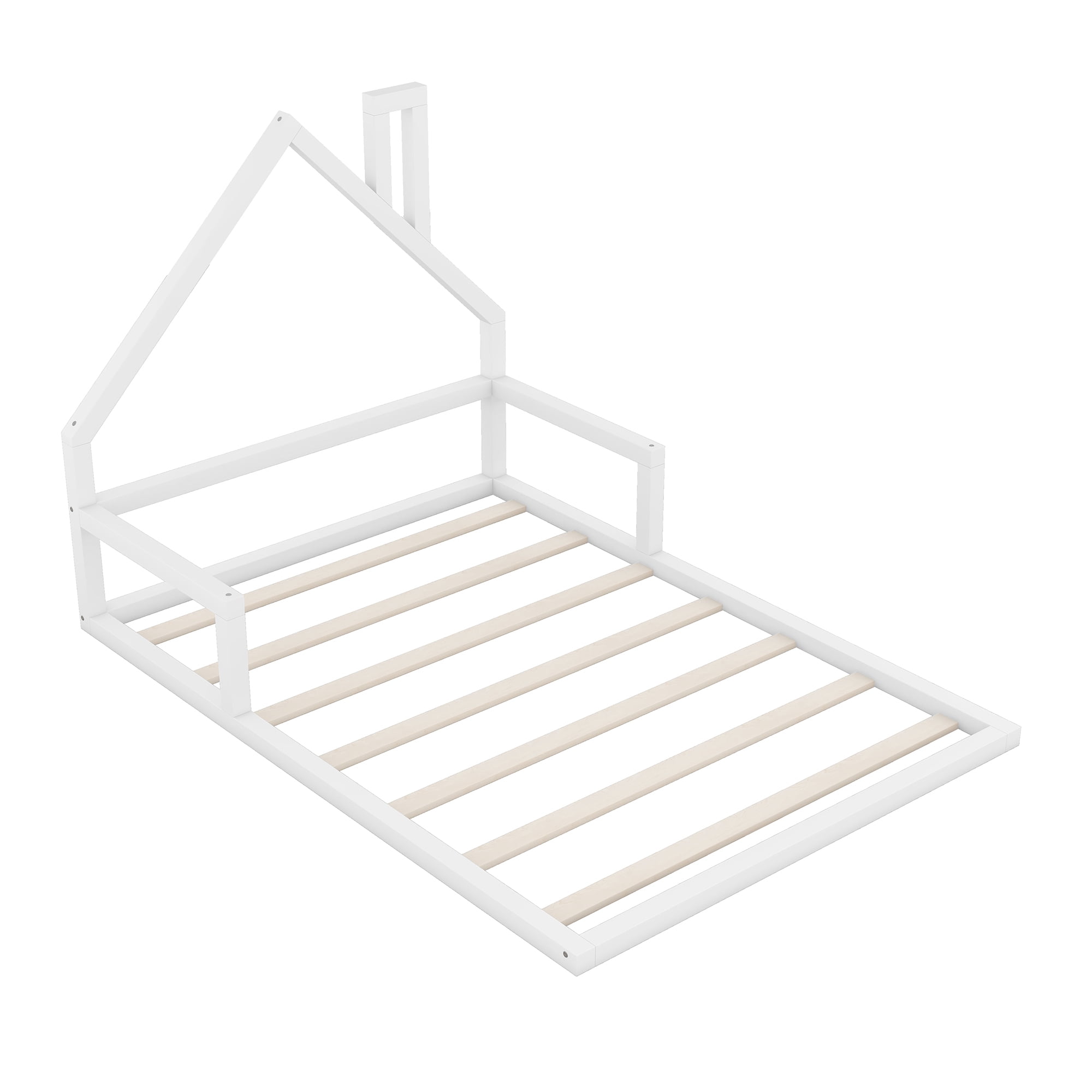 Leumius Full Size Floor Bed with House-Shaped Headboard,Montessori Bed Low Floor Bed Frame with Slats for Boys Girls,No Box Spring Needed,White