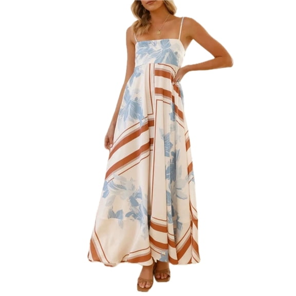 Women's Printed Square Neck Cami Maxi Dress with Side Slit and Stretch 95% Cotton 5% Spandex for Everyday Wear